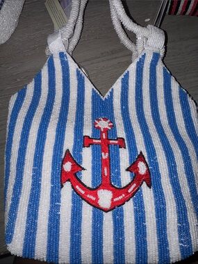 Blue & White Beaded Stripe Tote with Red Anchor Patch